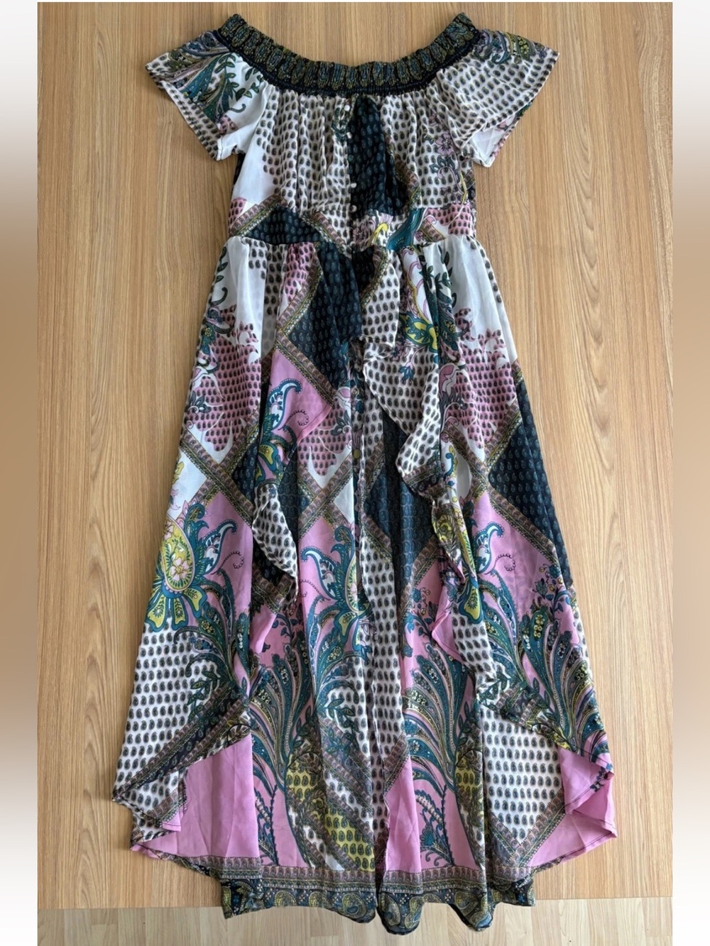 Ashley Stewart Off Shoulder Mixed Print High Low Midi Dress 12 Artsy Renaissance